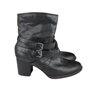 Bass Gilly Black Faux Leather Ankle Booties Double Buckle Block Heel Women's 8.5